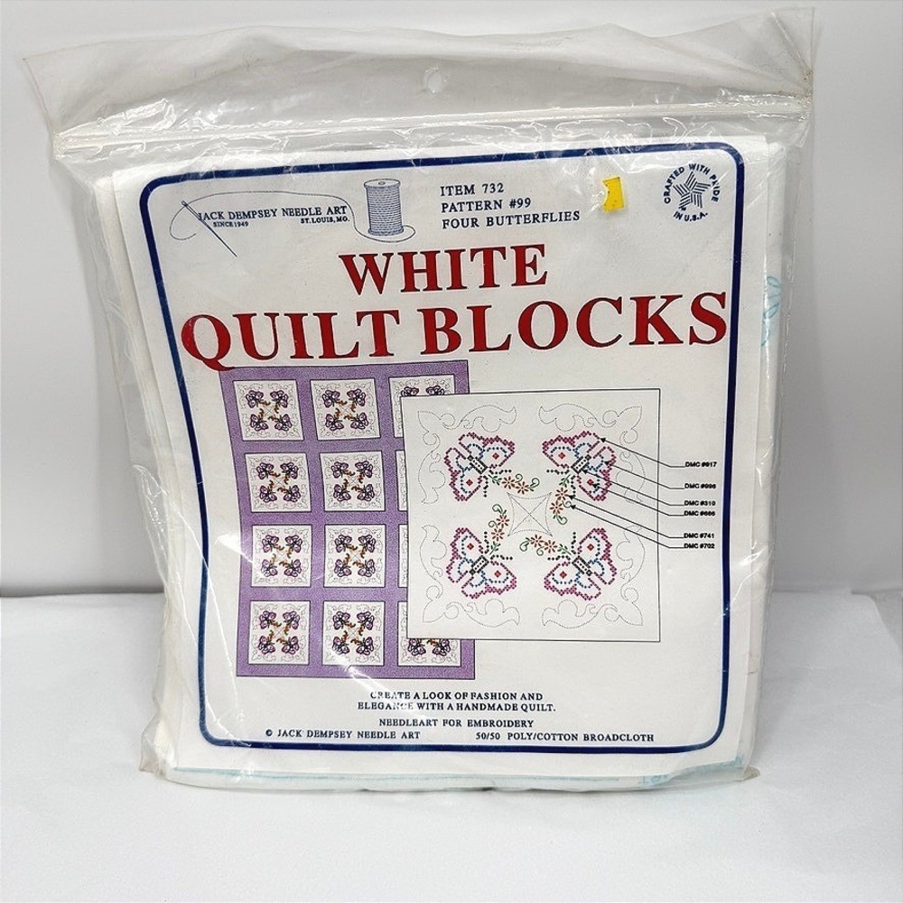 Jack Dempsey Needle Art White Quilt Blocks Four Butterflies Embroidery Kit 18x18